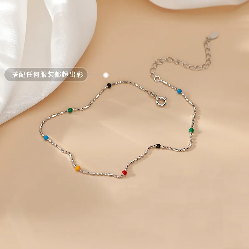 Neues Fußkettchen aus 925er-Sterlingsilber mit Persönlichkeitsanhänger, bunte runde Perlenform, Damen-Fußkettchen, Geburtstagsgeschenk, exquisiter Schmuck