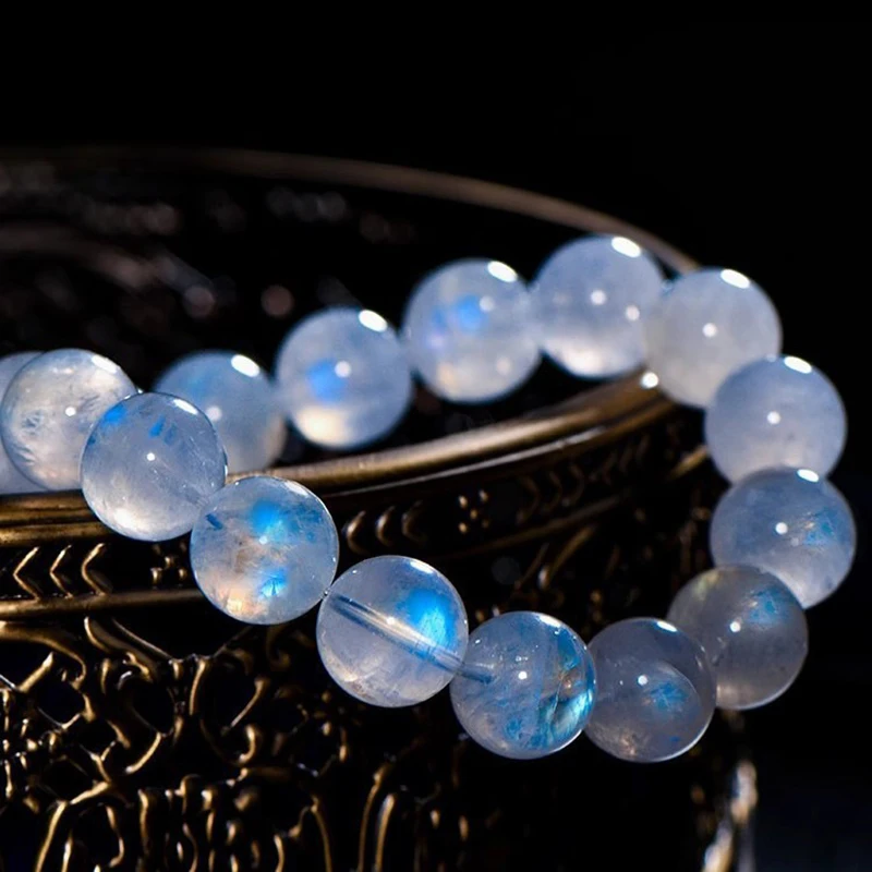 Sri Lanka Natural Blue Fire Moonstones Moonlight Bracelet 6mm 8mm 10mm Strong Blue Light Cream Women HandString Luxury Jewelry