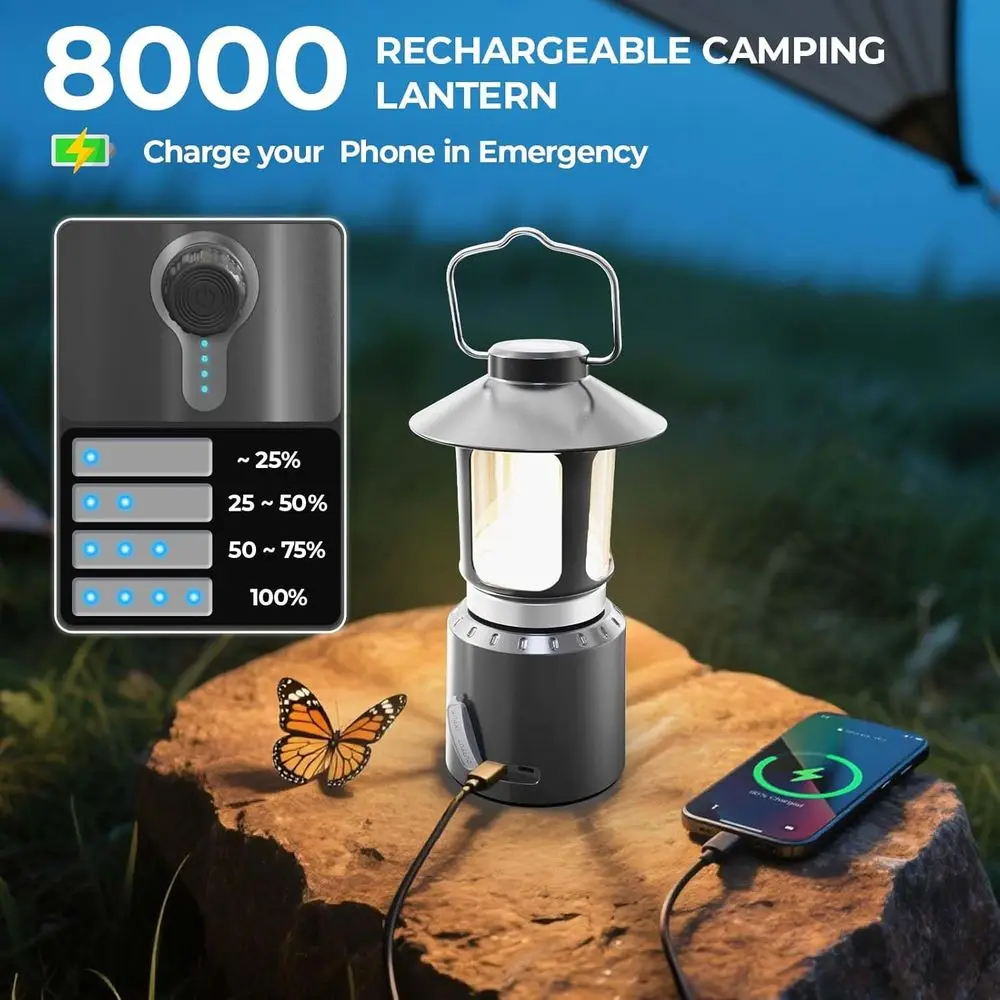 โคมไฟตั้งแคมป์แบบชาร์จไฟได้, พาวเวอร์แบงค์ 8000mAh, ปรับหมุนได้ 360 องศา °   ไฟ LED, แหล่งกำเนิดแสงคู่, 3 โหมด (2000K-6500K) สำหรับใช้งานกลางแจ้งและ