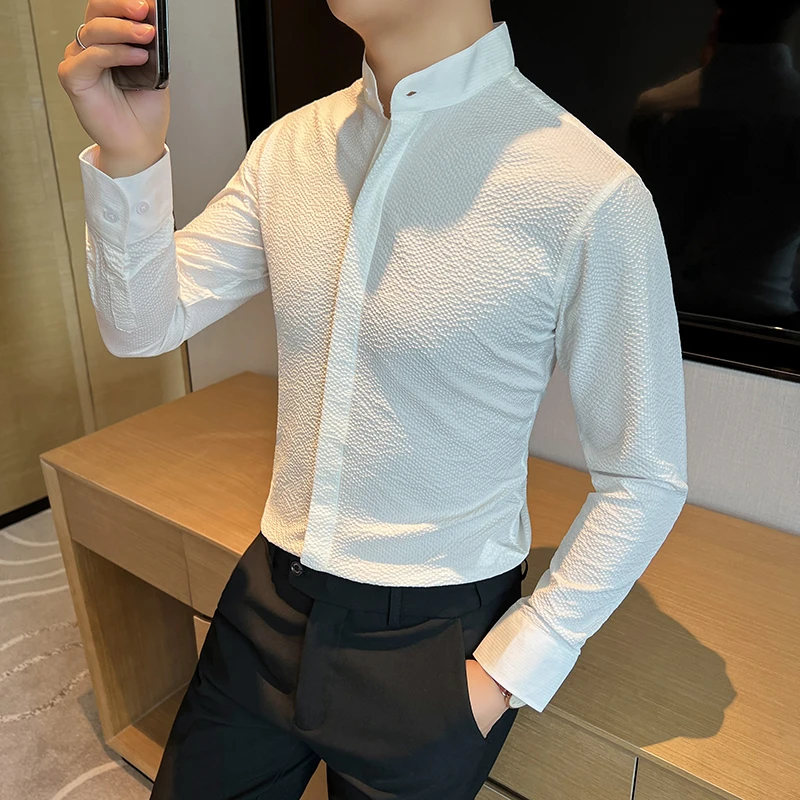 Chinesischen Stil Stehkragen Langarm-shirt Männer Sommer Atmungsaktive Schaum Gaze Casual Business Kleid Shirts Sozialen Büro Tops