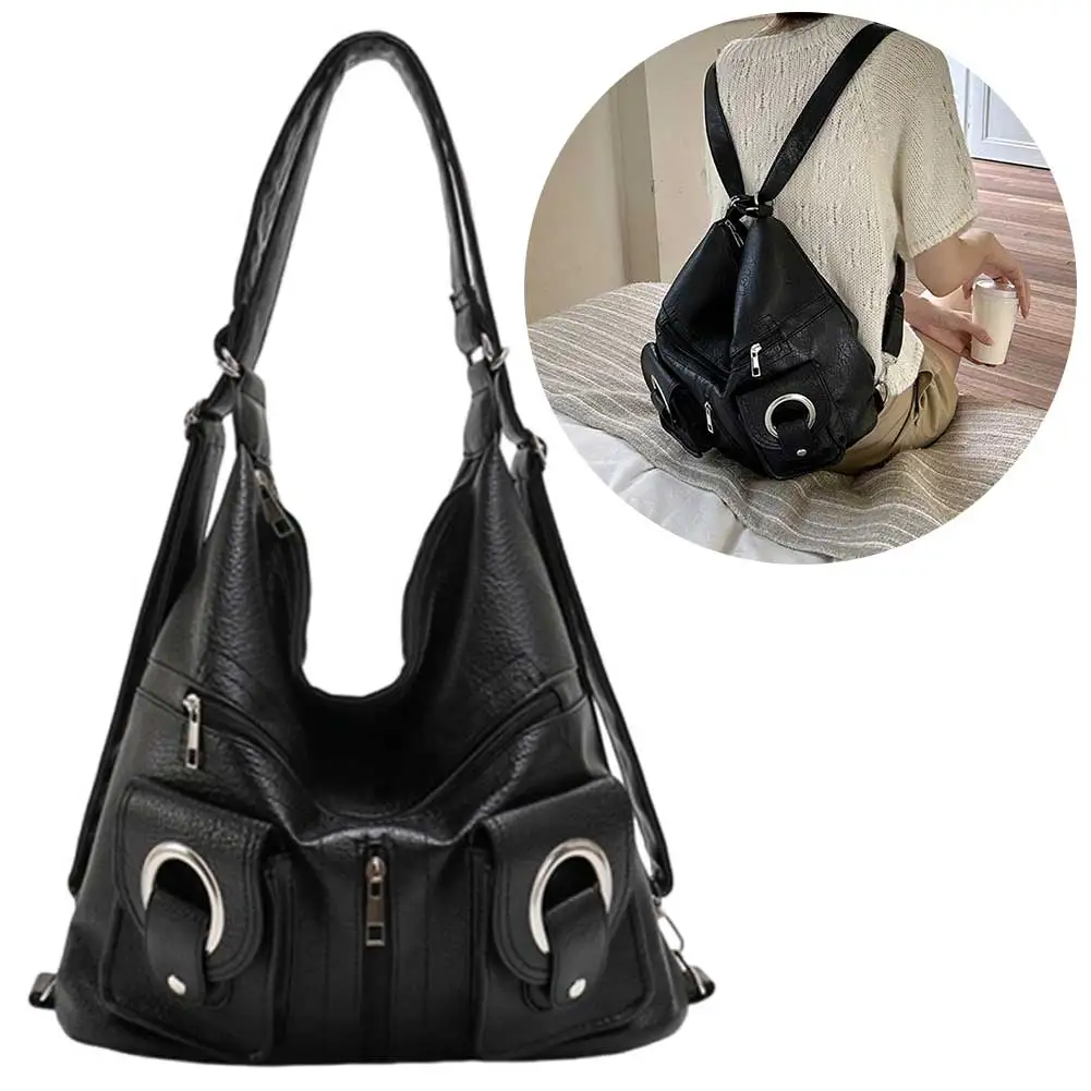 Bolso de hombro Vintage para mujer, bolso de mano de cuero versátil, múltiples bolsillos, bolso Hobo de PU, bolso de mano Retro, mochila de trabajo escolar