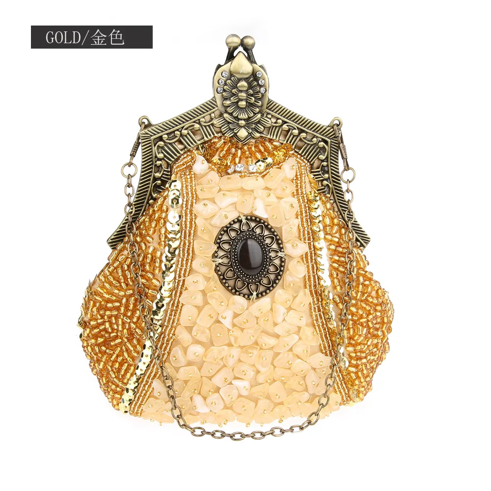 Retro Fashion Pearl Sequin Beaded Clutches Handbag for Women Vintage Antique Gold Color Chain Shoulder Bag Party Evening Bags