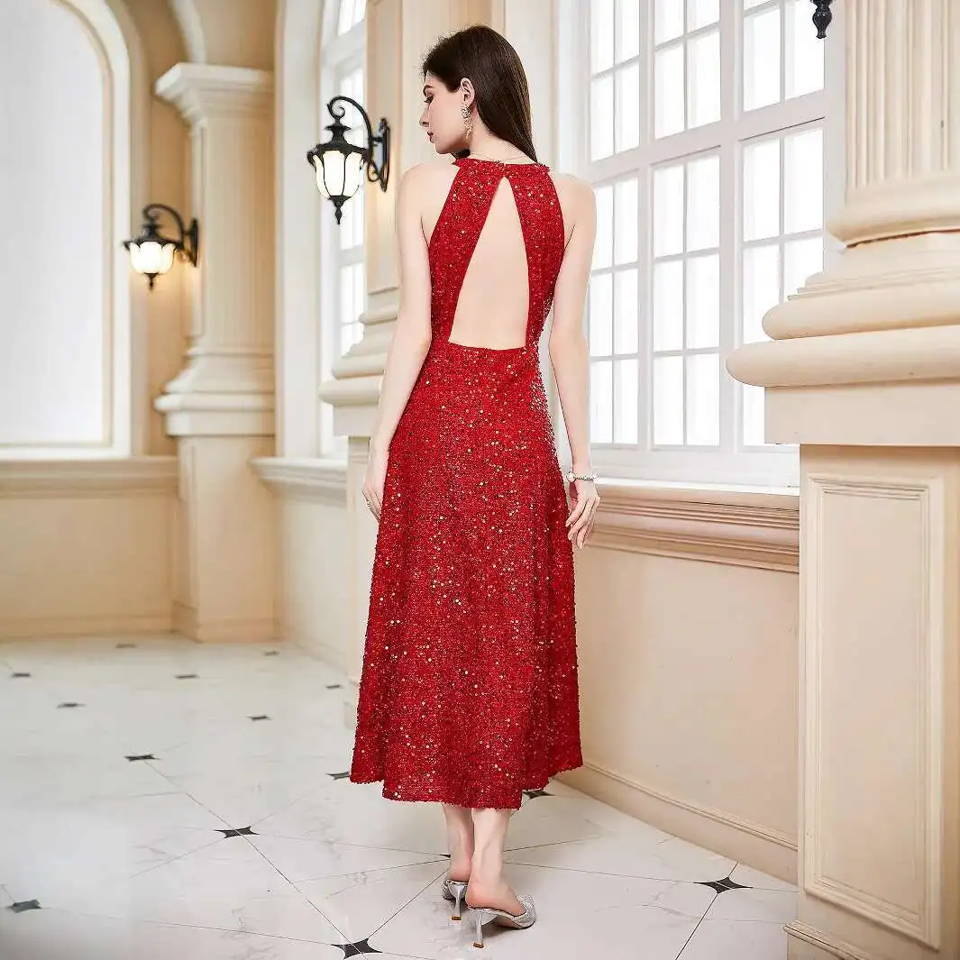 

New Summer Dress Sleeveless Hanging Neck Dress Open Back Evening Dress Fashion 2025 Summer Dress Robe Vestido Women Elegant