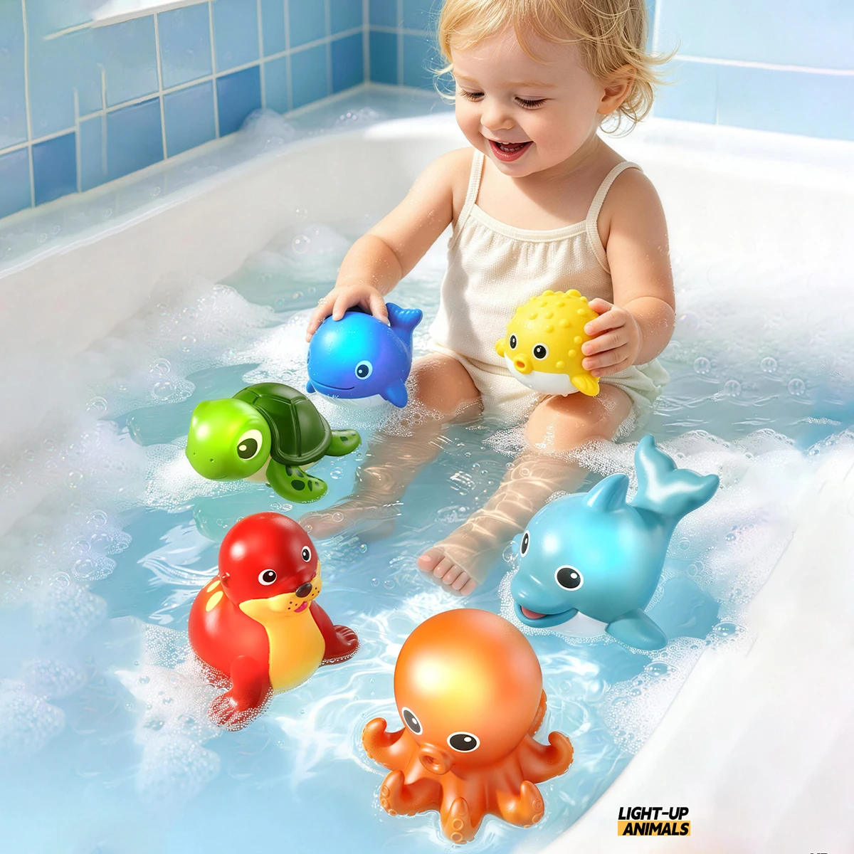 6Pcs Baby Cute Marine Animal Bath Toy Swimming Water LED Light Up Soft Rubber Float Induction Luminous Toy Kids Play Funny Gifts