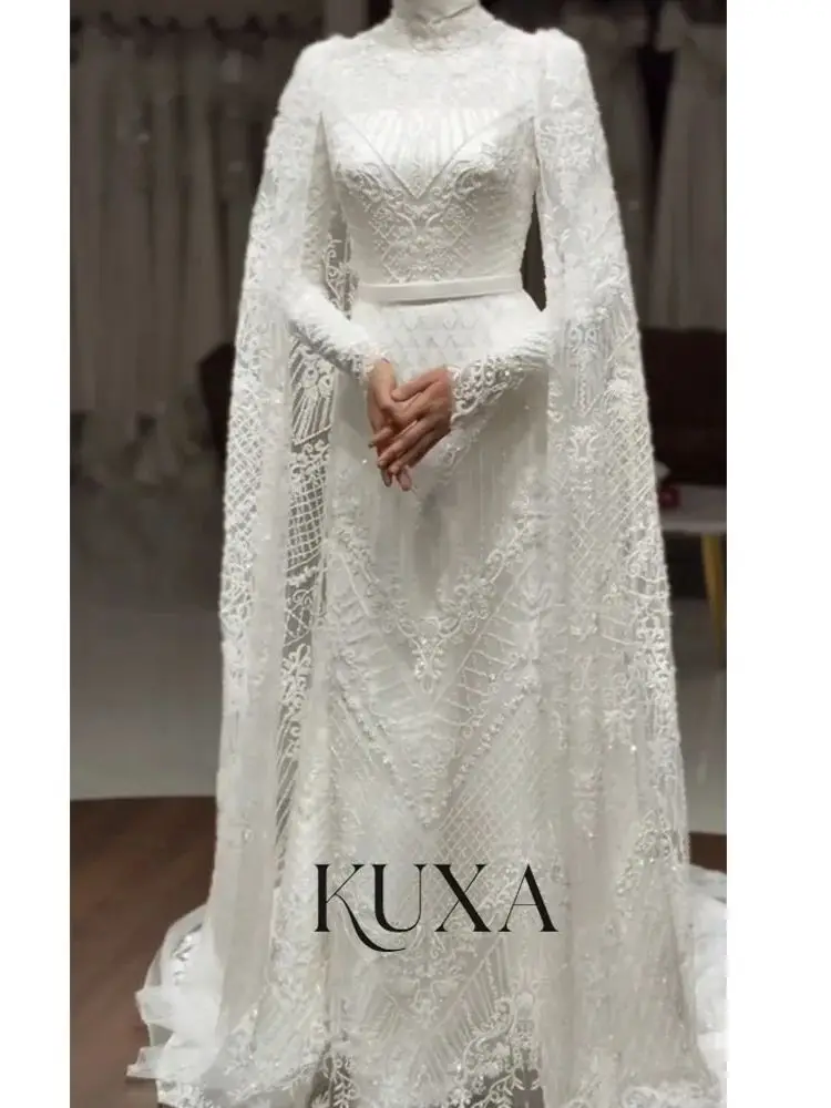KUXA Maßgeschneiderte Luxuriöse Elegante Muslimische Hochzeitskleider A-Linie Bodenlang Perlenbesetzt Lange Ärmel Brautkleider Robe De Mariée 2026