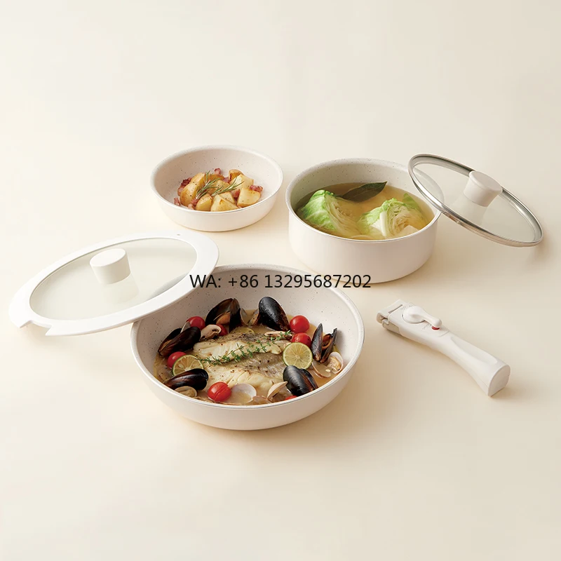 

6-Piece Set of Non-Stick Ceramic Coating Granite Induction Bottom Cookware Detachable Handle Frying Pan Sauce Pan Made of Metal