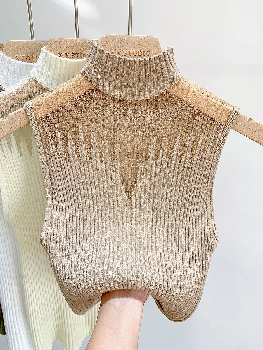 Knit Womens Tank Tops Turtleneck Sleeveless Tops Female Casual Ribbed Pullover Striped Slim Knitwear Vest