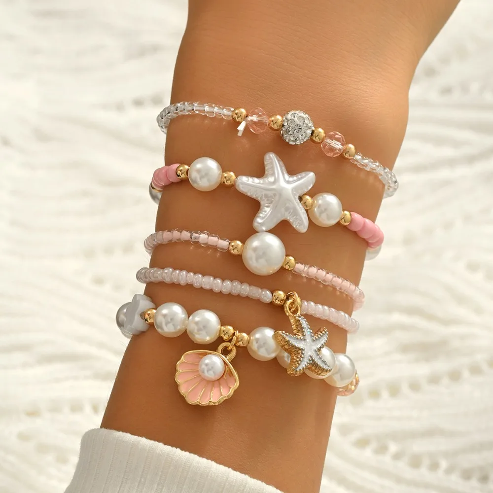 5pcs Set Temperament Sweet Pink Imitation Pearl Starfish Shell Stack Elastic Bracelets for Women Summer Beach Boho Jewelry Sets
