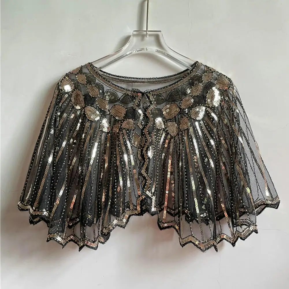 Vintage 1920s Flapper Shawl Sequin Beaded Short Cape Beaded Decoration Women Shawl Gatsby Party Mesh Short Cover Up Prom Shawl