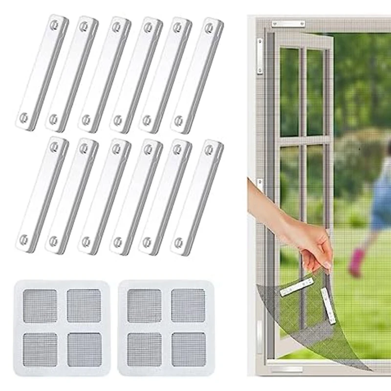 12Pcs Magnetic Screen Installer Self Adhesive Clips Kit With 2 Window Screen Repair Patch Kit (10Cm X 10Cm)