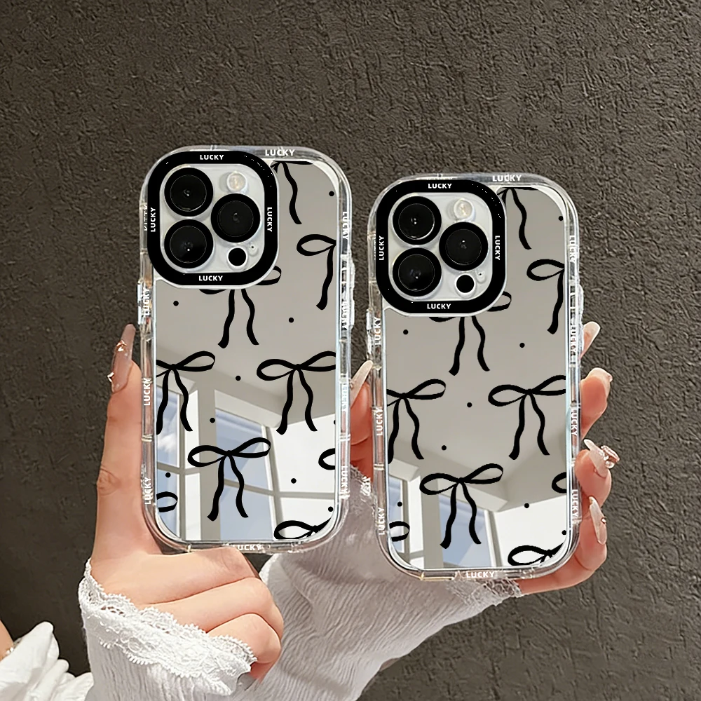 Cute Bow Mirror Print Case For iPhone 17 16 15 14 13 12 11 Pro Max X XS XR 7 8 Plus 17Air 7 8 SE2 Shockproof Soft Silicone Cover