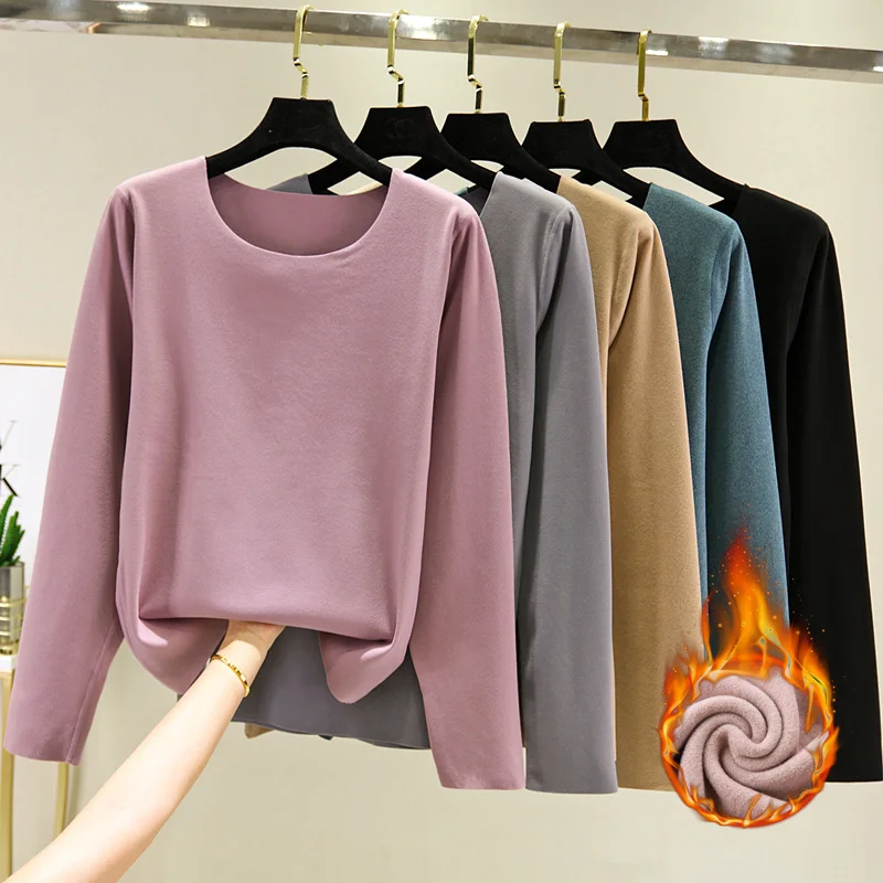 

Thiened Fce Lined Long Sve round Ne Thermal T-irt Women's Korean Sle Cotton Color Commute Faion plus Size