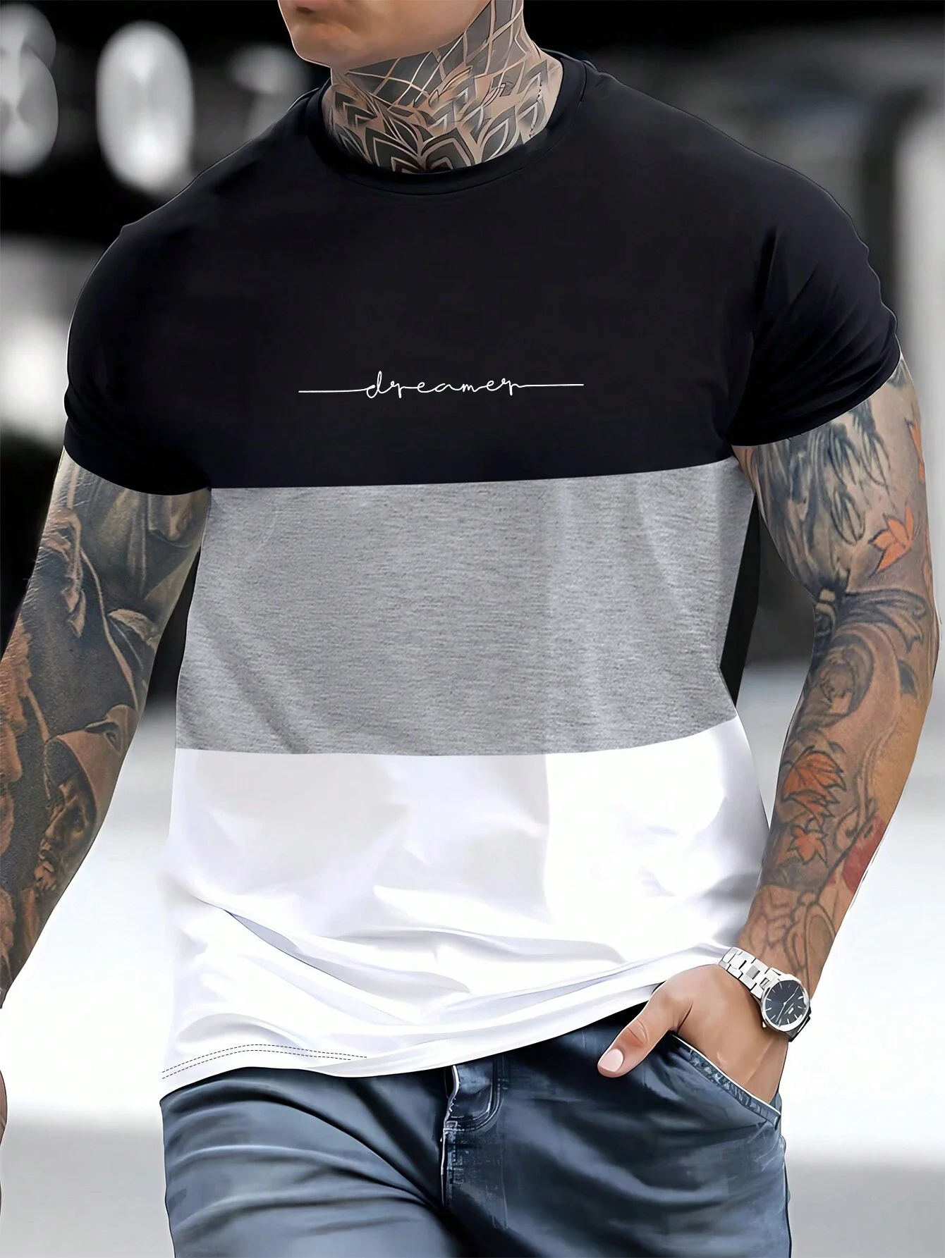 T-shirt stampata con lettera a blocchi di colore da uomo di moda t-shirt a maniche corte Harajuku t-shirt Casual da uomo con scollo a o per il tempo