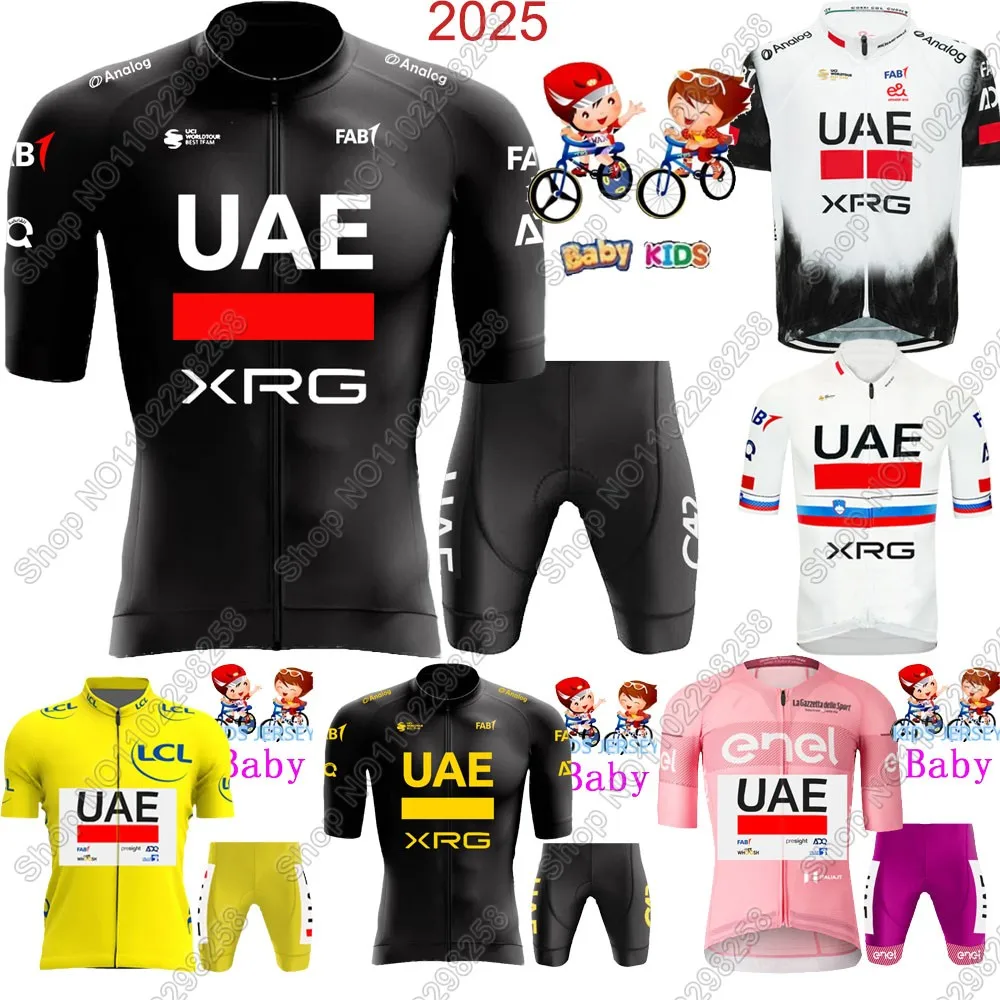 

Детский комплект из трикотажа для велоспорта команды ОАЭ 2025, черная одежда для мальчиков и девочек, детская одежда для велоспорта, рубашки для шоссейного велосипеда, костюм, велосипедные штаны