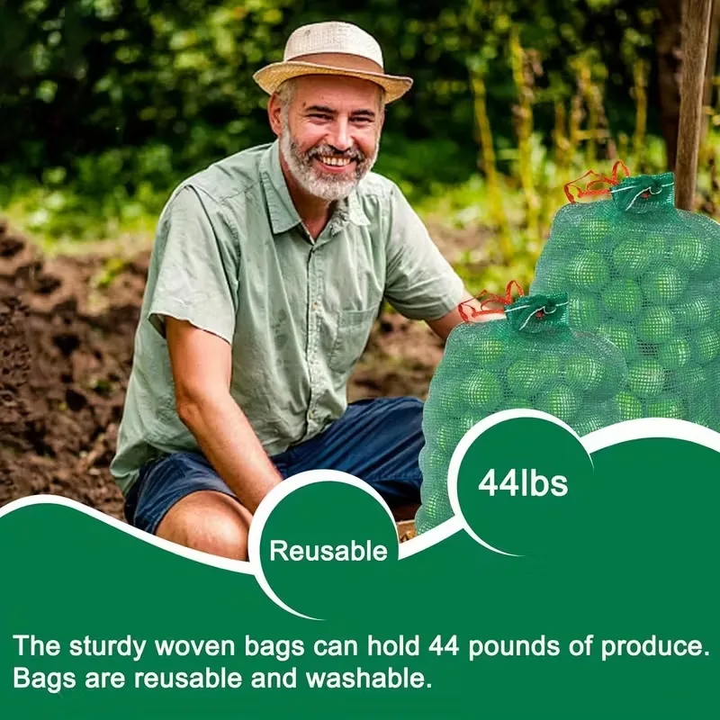 50 قطعة من حقيبة شبكية قابلة لإعادة الاستخدام، تصميم برباط كبير جدًا وجيد التهوية وقابل للغسل لأكياس تخزين الخضروات الطازجة