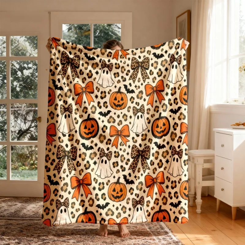 Leopard Bow Halloween Throw Blanket, Pumpkin Ghost Bat Printed Plush Blanket for Living Room Home Decor