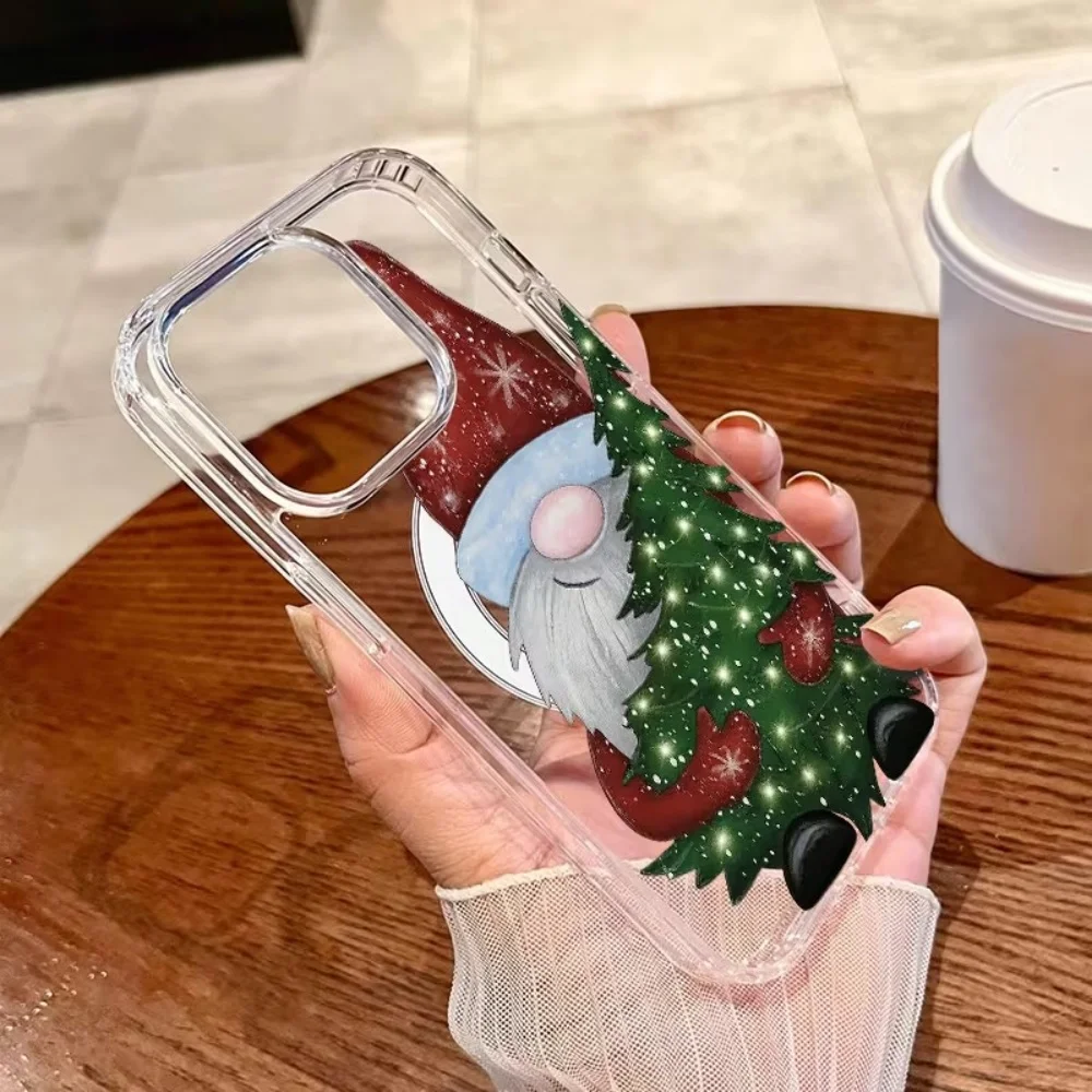 Cute Santa Claus Holding Xmas Tree Clear Acrylic+TPU Phone Case For iPhone 18 17 16 15 14 13 12 11 Pro Max Plus XR Magsafe Cover - view 3