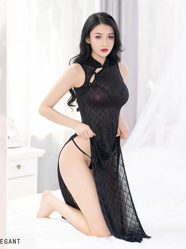 

And Sexy Japanese Korean Sexy High Mature Hollow Out Black Transparent New Fork Tight Dress Sexy Lingerie Women's Dress S036