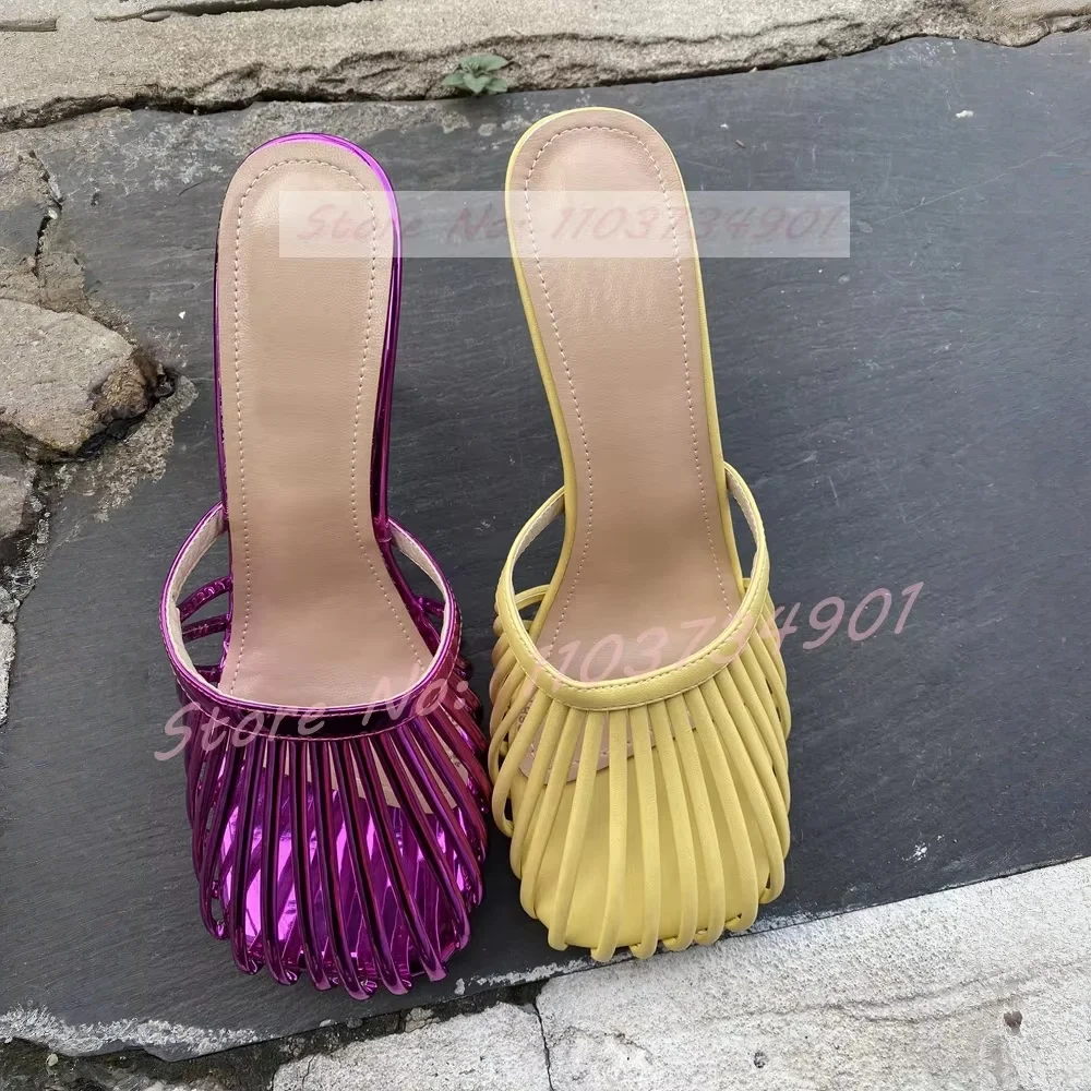 

Purple Metallic Strappy Stiletto Mules Women Outdoor Cage Toe High Heels Mules Ladies Big Size Fashion Summer Events Party Shoes