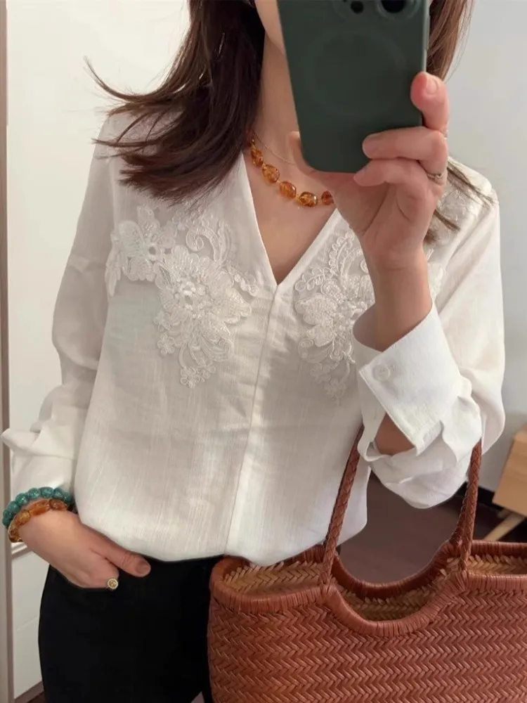 Femmes bureau élégant couleur unie à manches longues pull chemise col en v mode perles broderie paillettes coupe ample Blouses décontractées