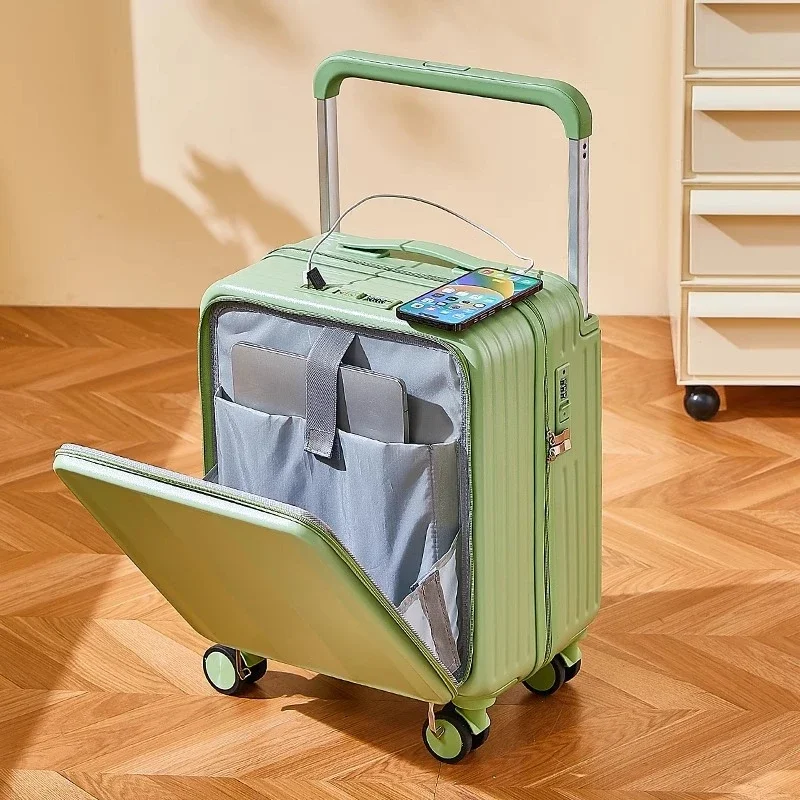 Trolley aperto anteriore con rotelle valigia da viaggio valigia da viaggio da 18 pollici Password multifunzionale per bagagliaio piccolo con portabicchieri