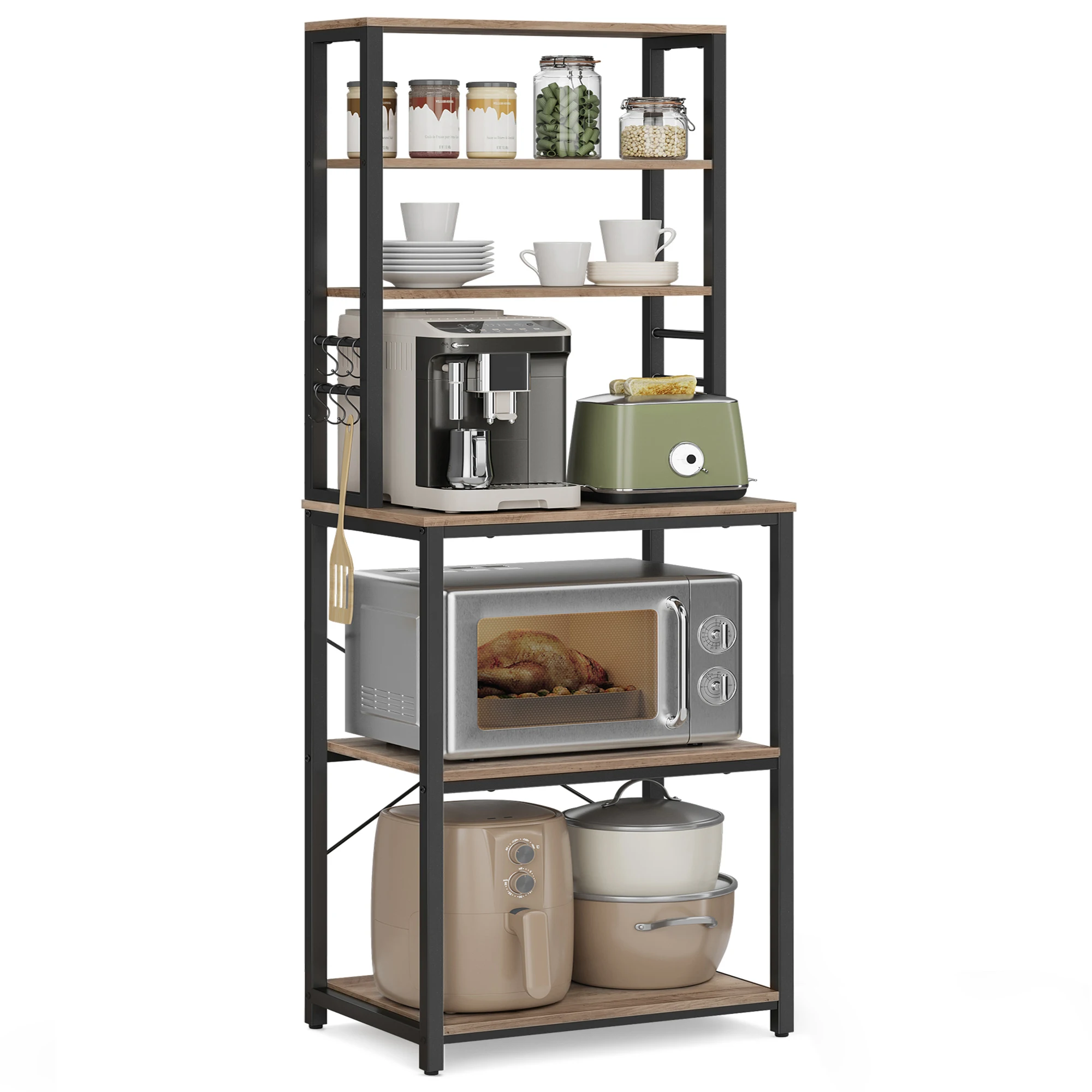 VASAGLE Coffee Bar, Baker’s Rack for Kitchen with Storage, 6-Tier Kitchen Shelves with 6 Hooks, Microwave Stand, Industrial