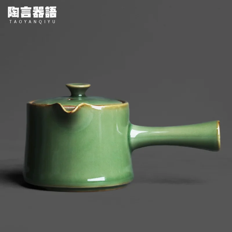 Bamboo green celadon side handle teapot Handmade antique ceramic kungfu tea ceremony wide mouth tea ware coffee pot