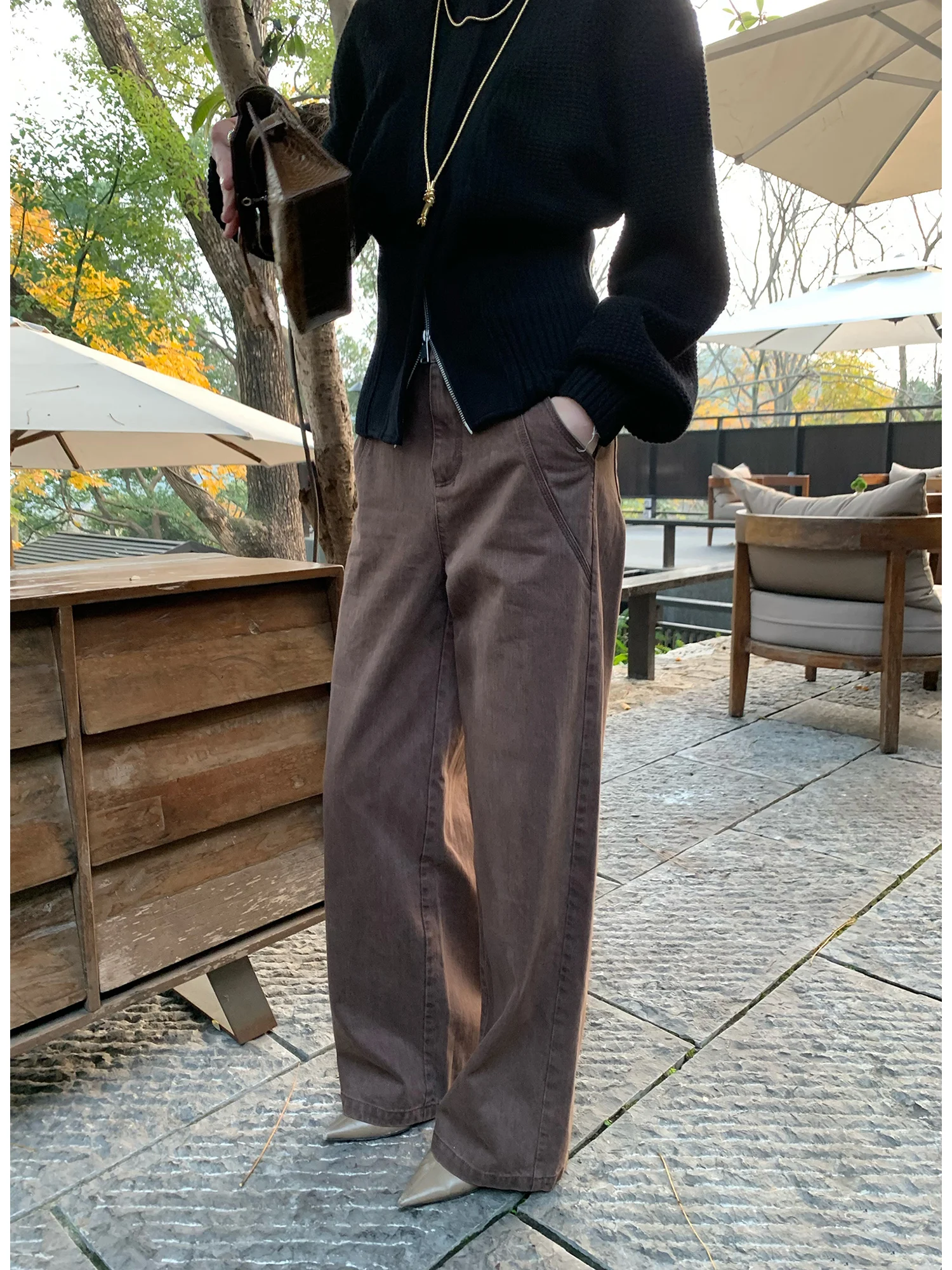 

Ретро сли, уникальные прецизионные широкие свободные прямые джинсы из чесаного хлопка и сатина от ASM ANNA, удобные повседневные брюки