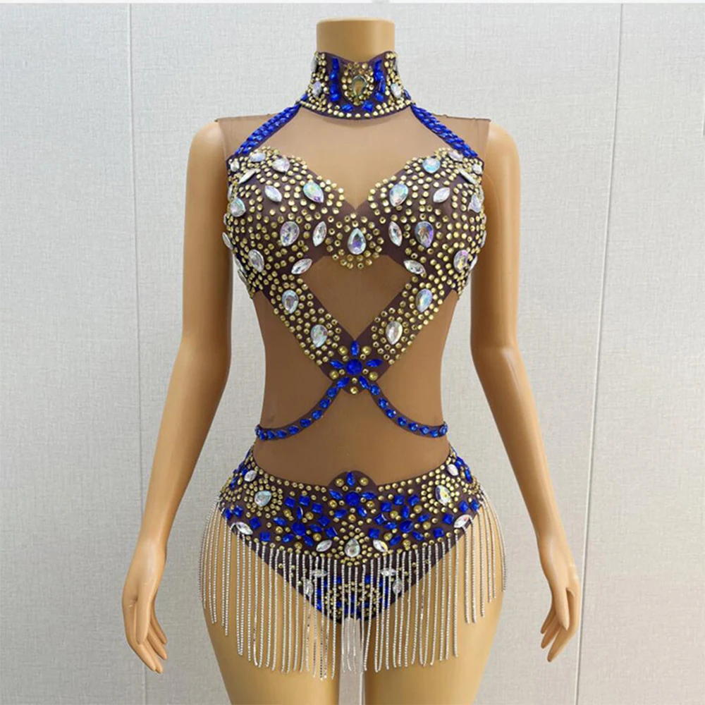 Op Maat Gemaakte Tube Top Pailletten Ketting Hoge Elastische Kwastjes Diamant Sexy Strakke Bodysuit Verjaardagsfeest Jurk Prestatie Longuette