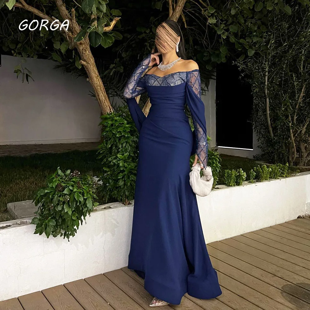 

GORGA Boat Neck Crepe Evening Dresses Saudi Arabia Slim Backless Mermaid Formal Occasion Dress Floor-Length Party Gowns