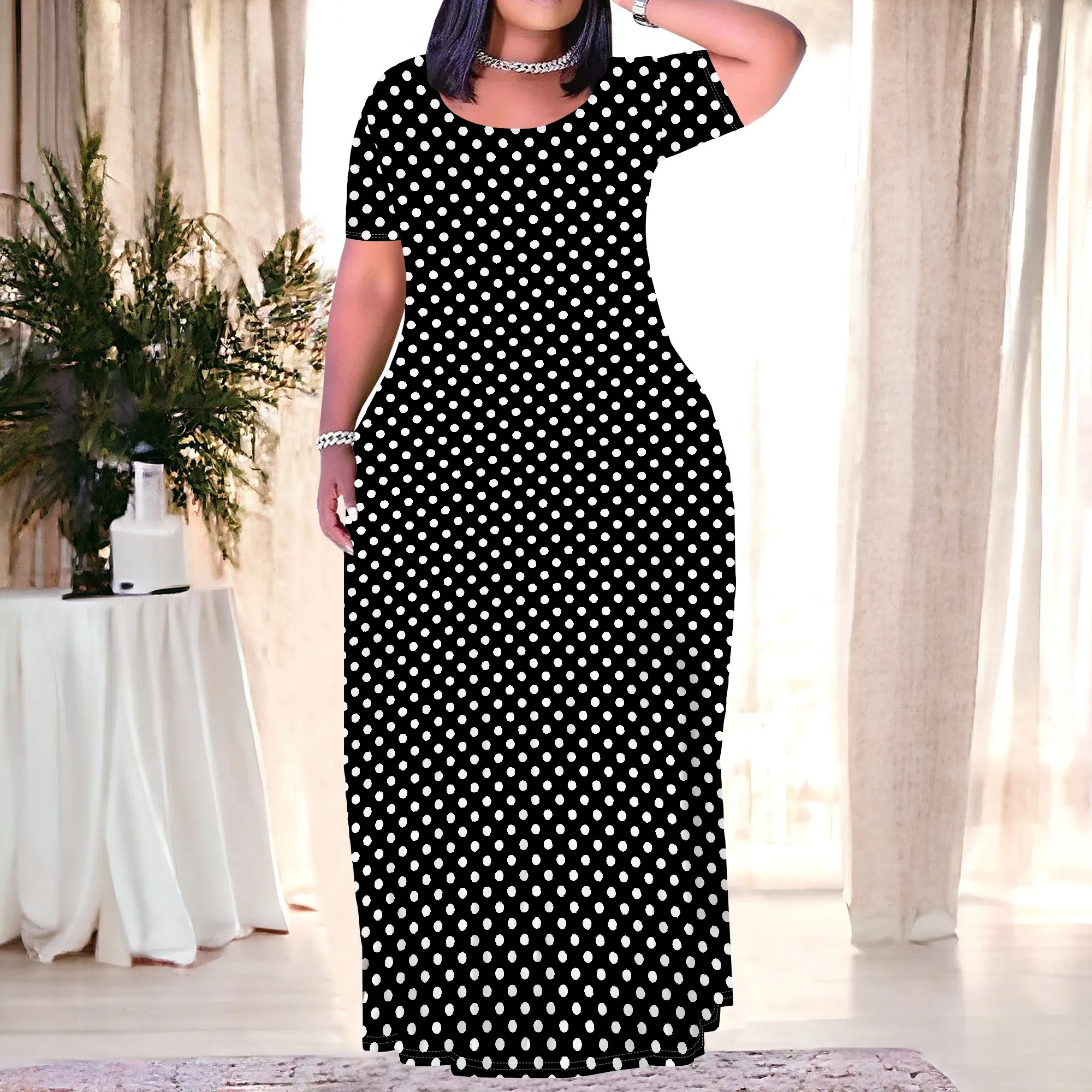 

Women's Blue Tropical Short-Sleeve Crew Neck Printed Maxi Dress with Pocket Polyester Beach Spring Chic