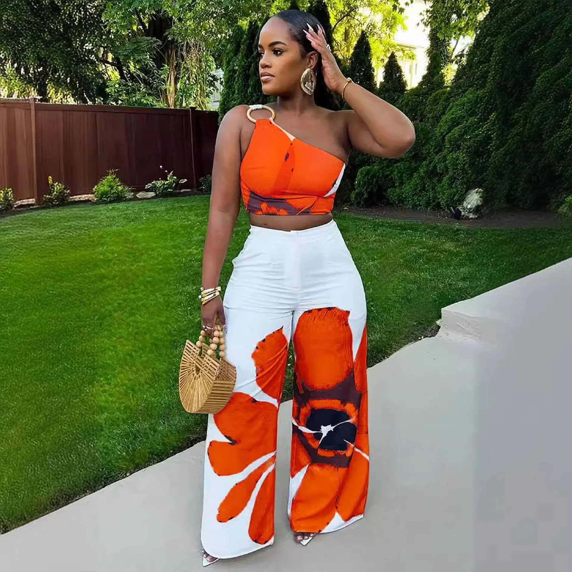 

Women Set Floral Print Sleeveless Skew Collar Tops +Wide Leg Pants Two 2 Piece Set Outfit 2024 Summer Street Tracksuit