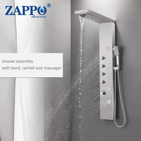 ZAPPO Shower Panel with Rainfall Waterfall Shower Head 5 Body Jets and 3-Function Handheld Rain Massage System Shower Column Tap