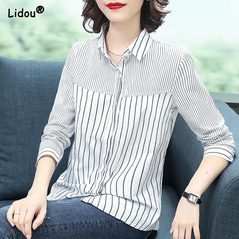 

Striped Office Lady Turn-down Collar Spring Summer Women Shirt Slim Spliced Single Breasted Blended Women's Clothing Generous