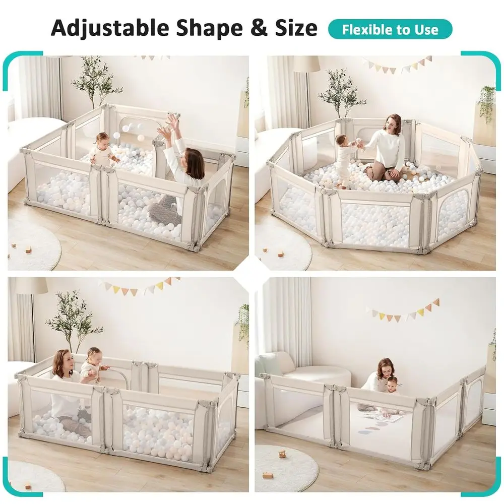 روضة أطفال كبيرة قابلة للتعديل للرضع والأطفال الصغار، مركز لعب داخلي/خارجي قابل للطي مع شبكة قابلة للتنفس، كريمي، 79 × 71 بوصة