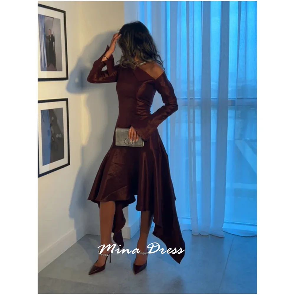 

Mina Customized Slash-shouldered Collar Arabic Evening Dress Luxury Elegant Party Dresses Woman Long Sleeves High and Low Prom