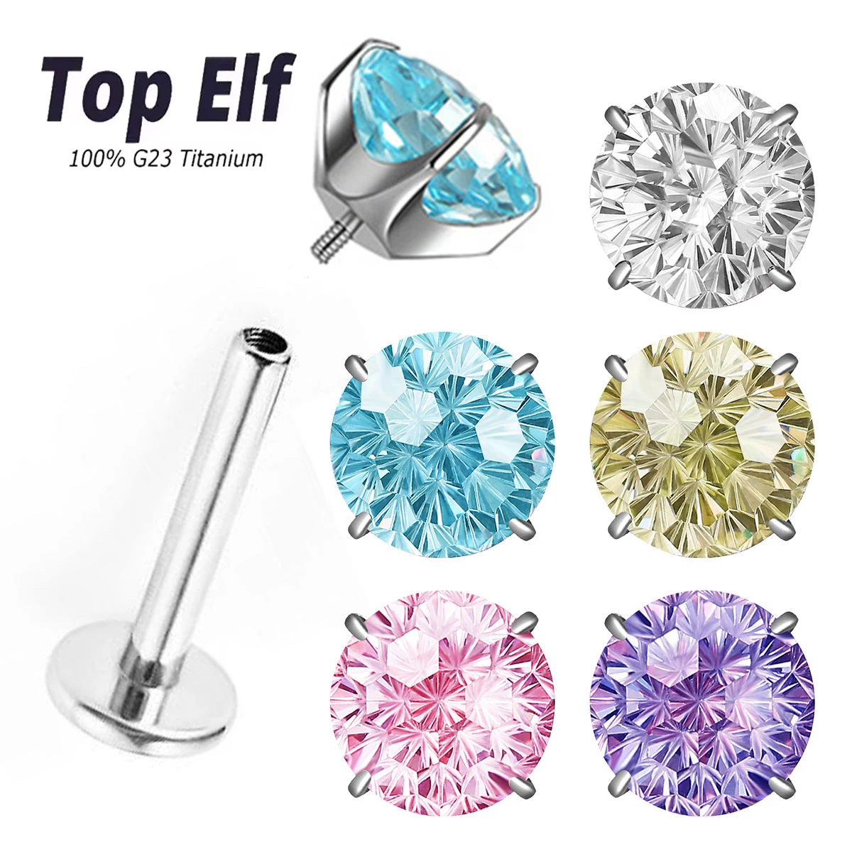 ASTM F136 Titanium Internal Threaded 16G 6MM Rose Cut Ear Studs Crystal Shinning CZ Top Earring Tragus Helix Women Body Piercing