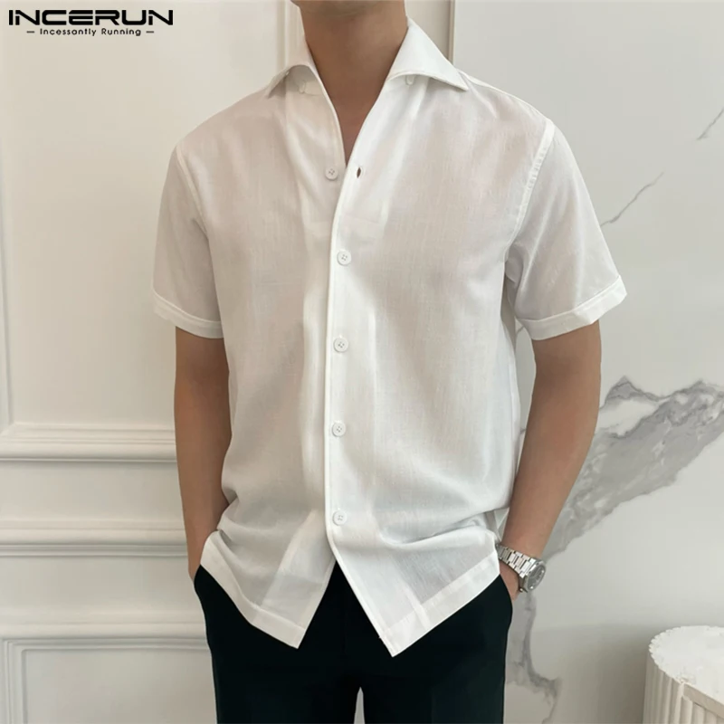 INCERUN Tops 2024 Korean Style Men's Summer Solid Lapel Collar Blouse Summer Casual Hot Selling Male Short Sleeved Shirts S-5XL