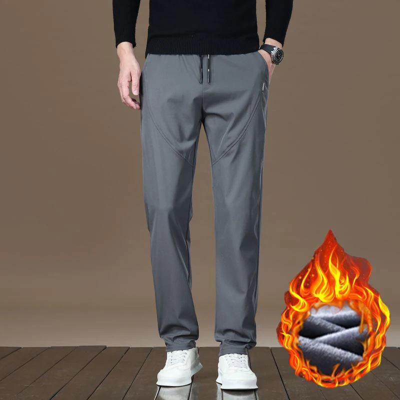 Autumn Winter Fleece Warm Men Casual Pants Male Simple Elastic Waist Solid Color Pants Trend Korea Style Slim Fit Trousers