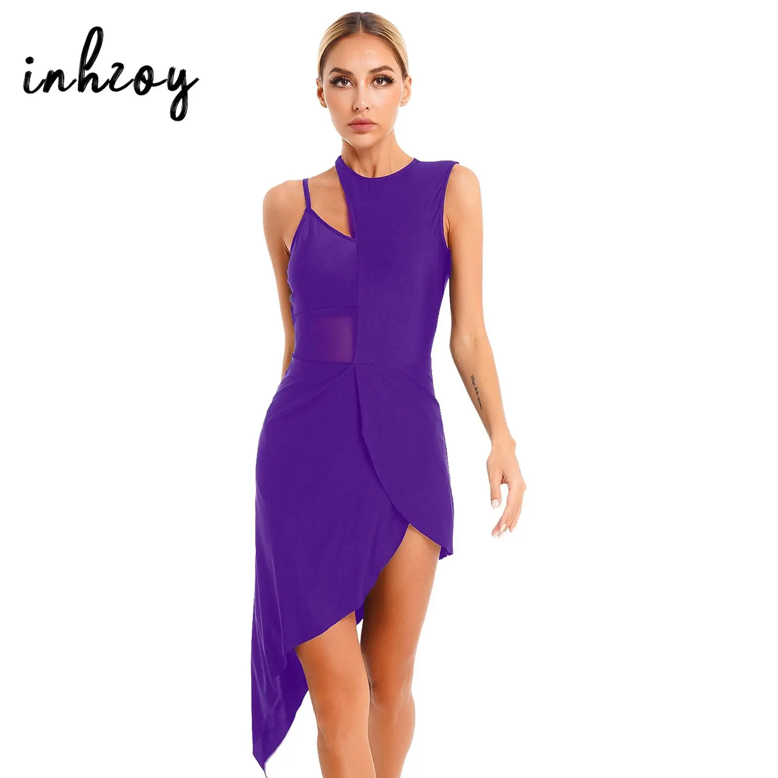 

Adult Women Asymmetrical Shoulder Sleeveless Cutout Modern Ballet Dance Irregular High Low Dress Lyrical Contemporary Dancewear