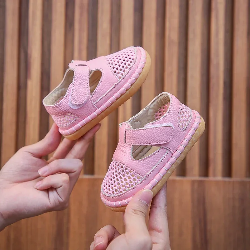 Sandalias infantiles anticolisión para niños y niñas, zapatos de piel auténtica de fondo suave, sandalias de playa para verano