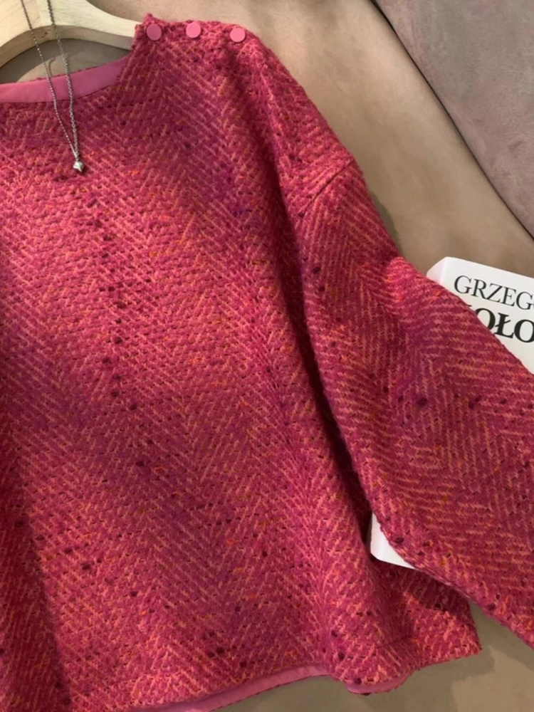 

Loose Casual Red Long Sve Top Korean Sle Vintage Design ular Fit Autumn Winter Women's Faion Camere Sweater