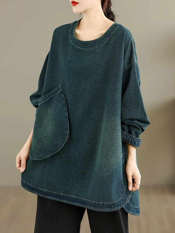 

Korean Sle plus Size Mid-Length Denim Jaet with Large kets And Slits Faionable Vintage Women's irt for Autumn