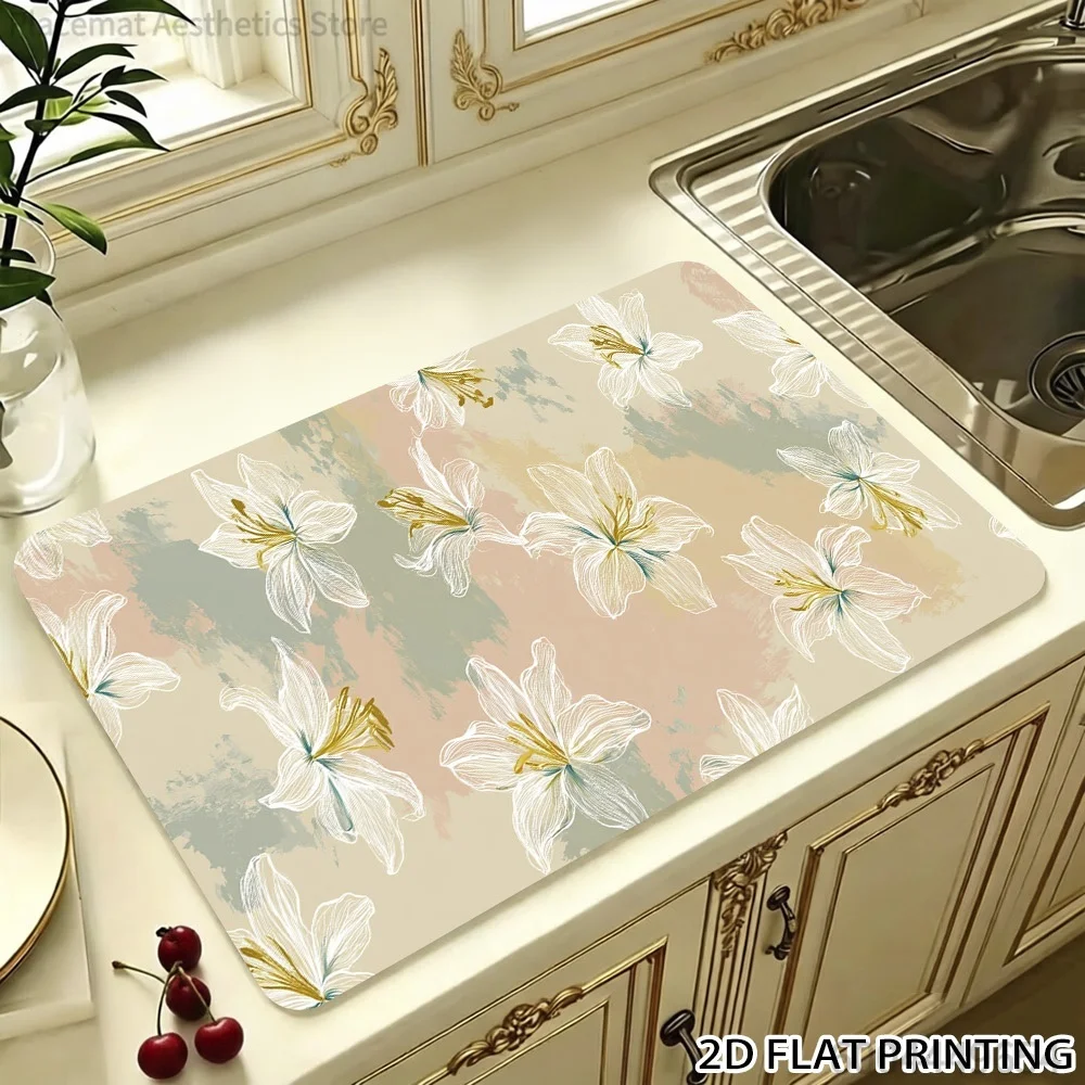 Geometric Fruit Lily Iced Coffee Cartoon Cat Floral Print Super Absorbent Drying Mat, Waterproof Kitchen Counter Drain Pad Decor