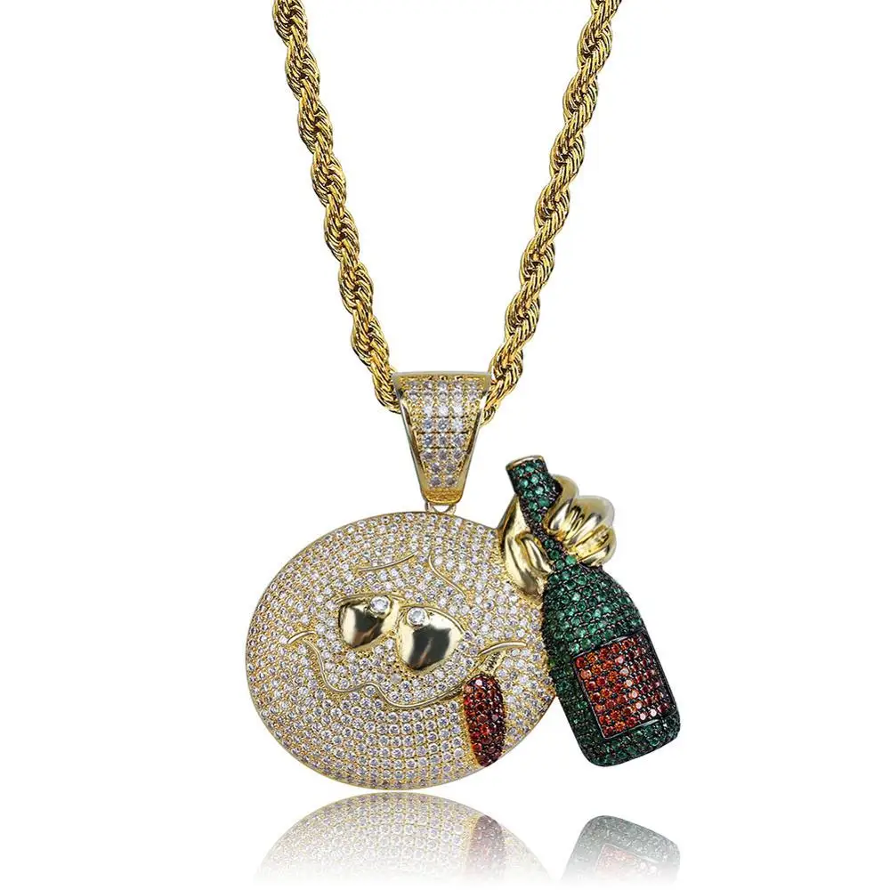 Hip Hop AAA CZ Stone Paved Bling Iced Out Cartoon Drinking Expression Pendants Necklace for Men Hiphop Rapper Jewelry