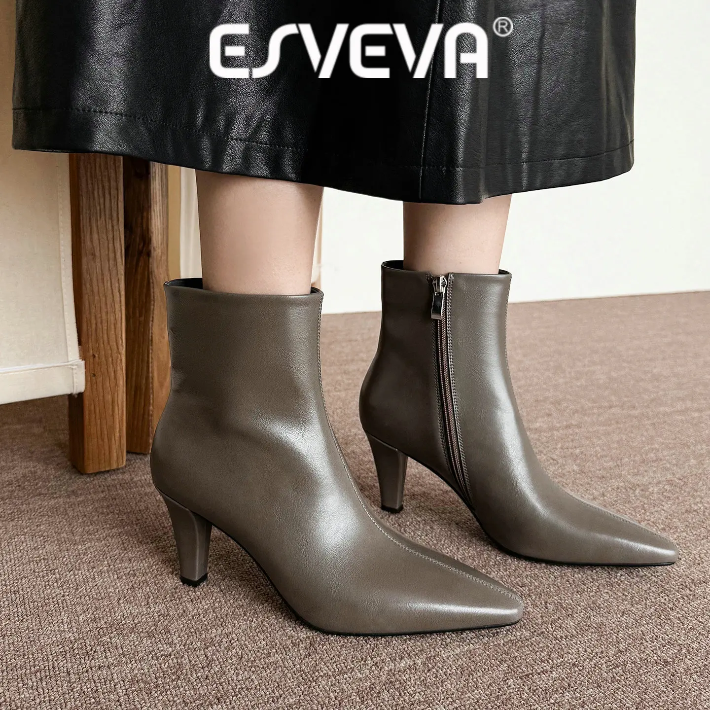 ESVEVA 2027 Fashion Winter Women Ankle Boots Woman Shoes Genuine Leather Pointed Toe High Heels Autumn Dress Short Boots 34-40