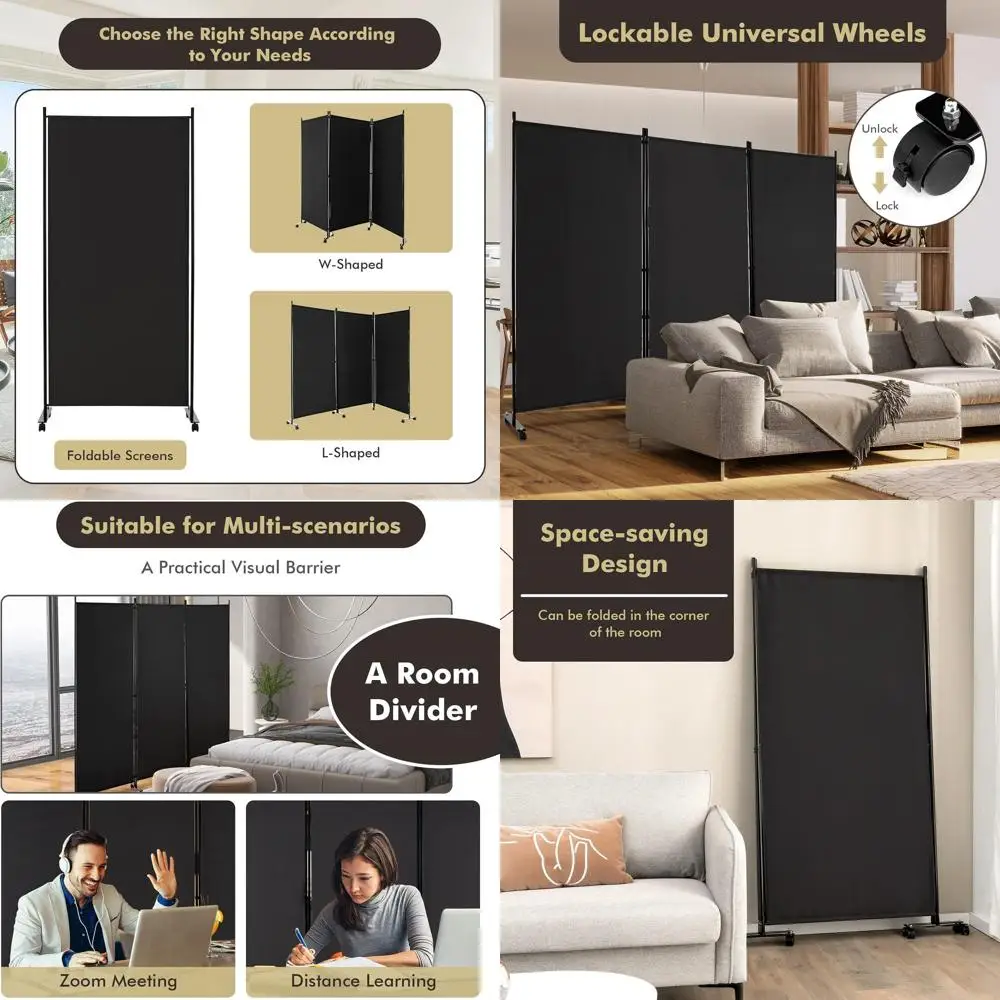

Mobile 3-Panel Room Divider, 103 Wide x 71 Tall, Folding Privacy Screen with Wheels for Home Office or Studio, Black Fabric Part