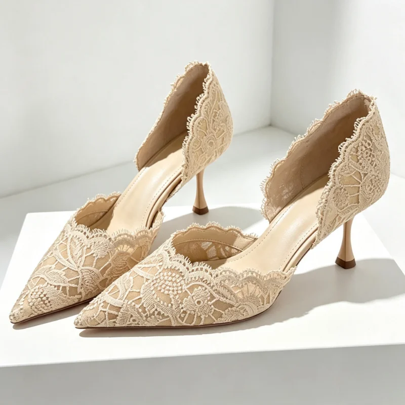 Luxury Hollow Lace Floral Embroidered Thin Heels Sandals Women Fashion Pointed Toe High Heels  Elegant Wedding Party Dress Shoes