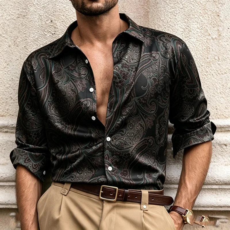Men's Collared Long-Sleeved Shirt with a Flowing Drape, Plus-Size Vacation-Style Casual Cardigan Top.