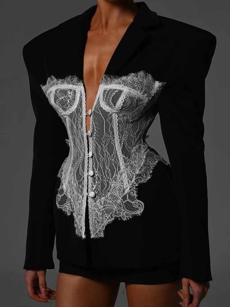Sexy V Neck Long Sleeve Lace Patchwork Slim Blazer Women Black Khaki Single Breasted Coat Jacket Elegant Evening Cocktail Club ﻿